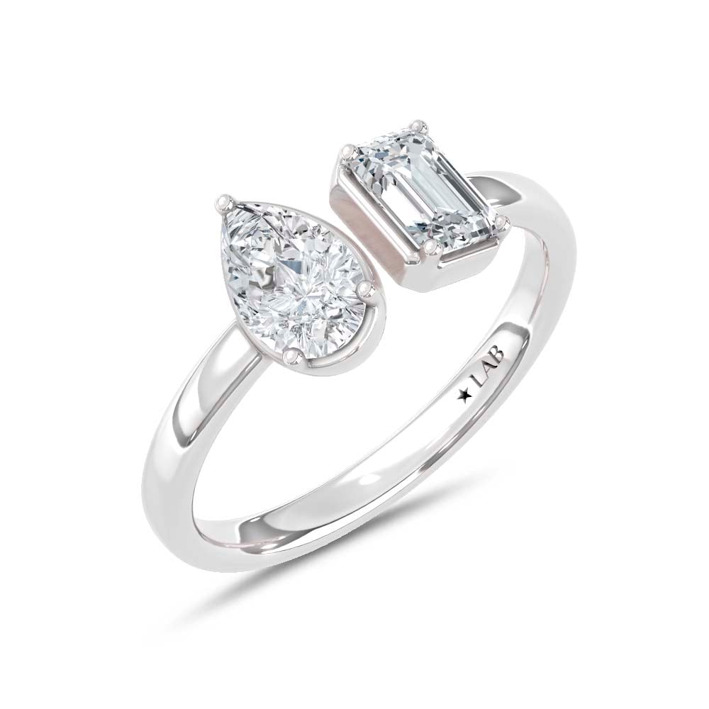 14K White Gold Lab Grown Diamond 1 Ct.Tw. Emerald and Pear Shape Two Stone Ring