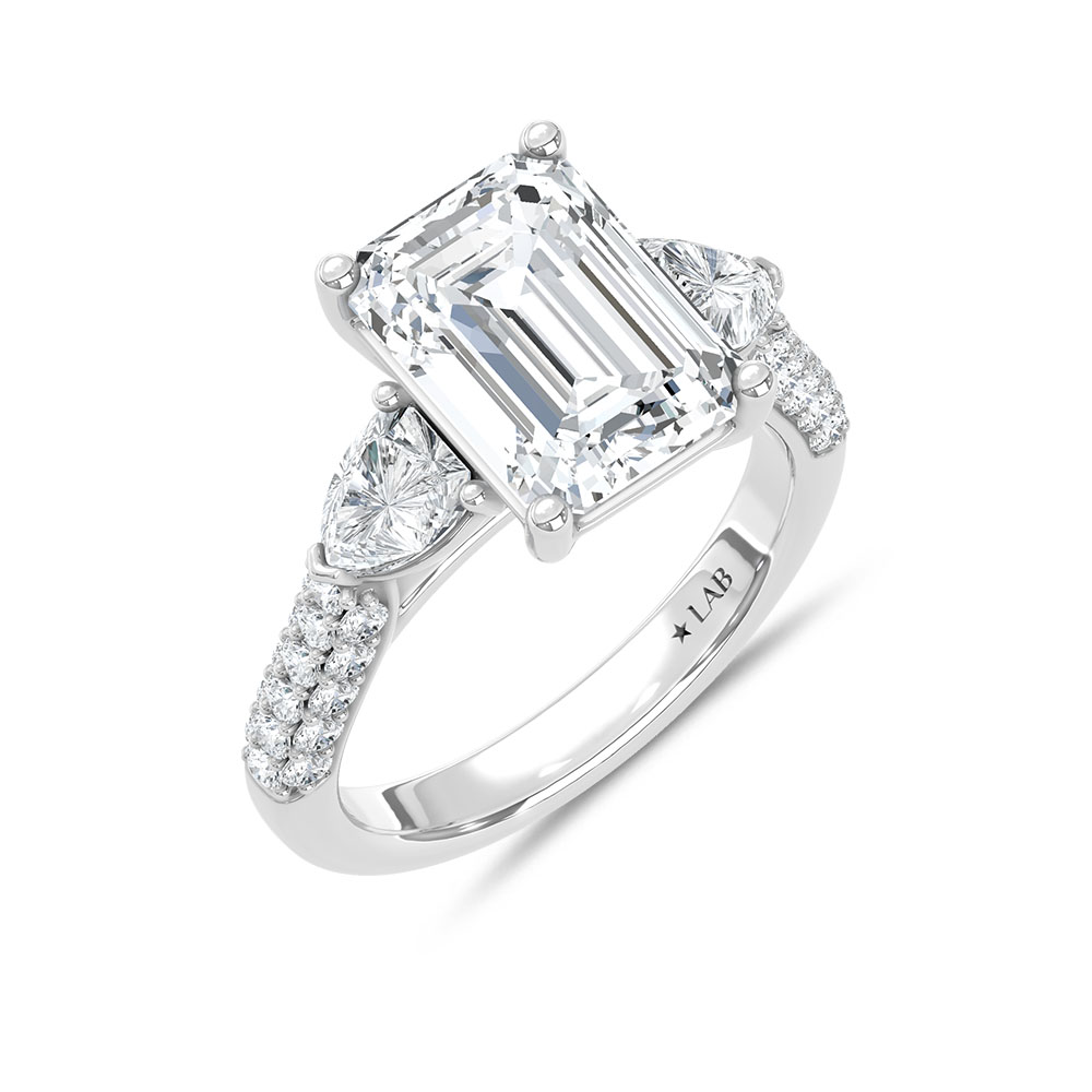 14K White Gold Lab Grown Diamond 6 3/8 Ct.Tw. Emerald and Round Shape Engagement Ring (IGI Certified Center 5ct)