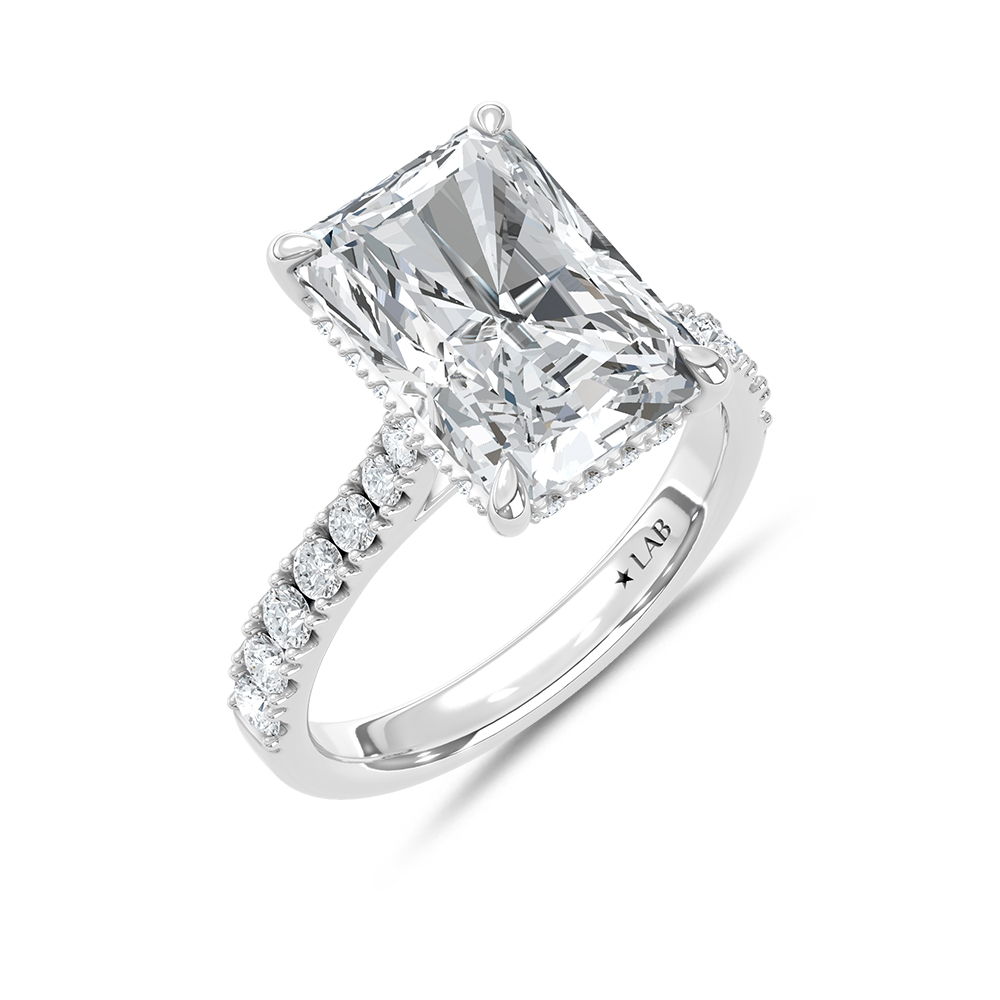 14K White Gold Lab Grown Diamond 5 5/8 Ct.Tw. Elongated Radiant Shape Hidden Halo Engagement Ring