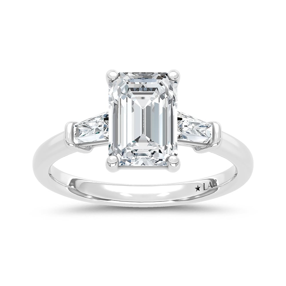 14K White Gold Lab Grown Diamond 2 1/3 Ct.Tw. Emerald and Tapper Three Stone Engagement Ring