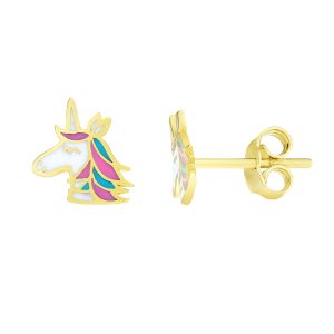 14K Gold Enamel Unicorn Stud Earring