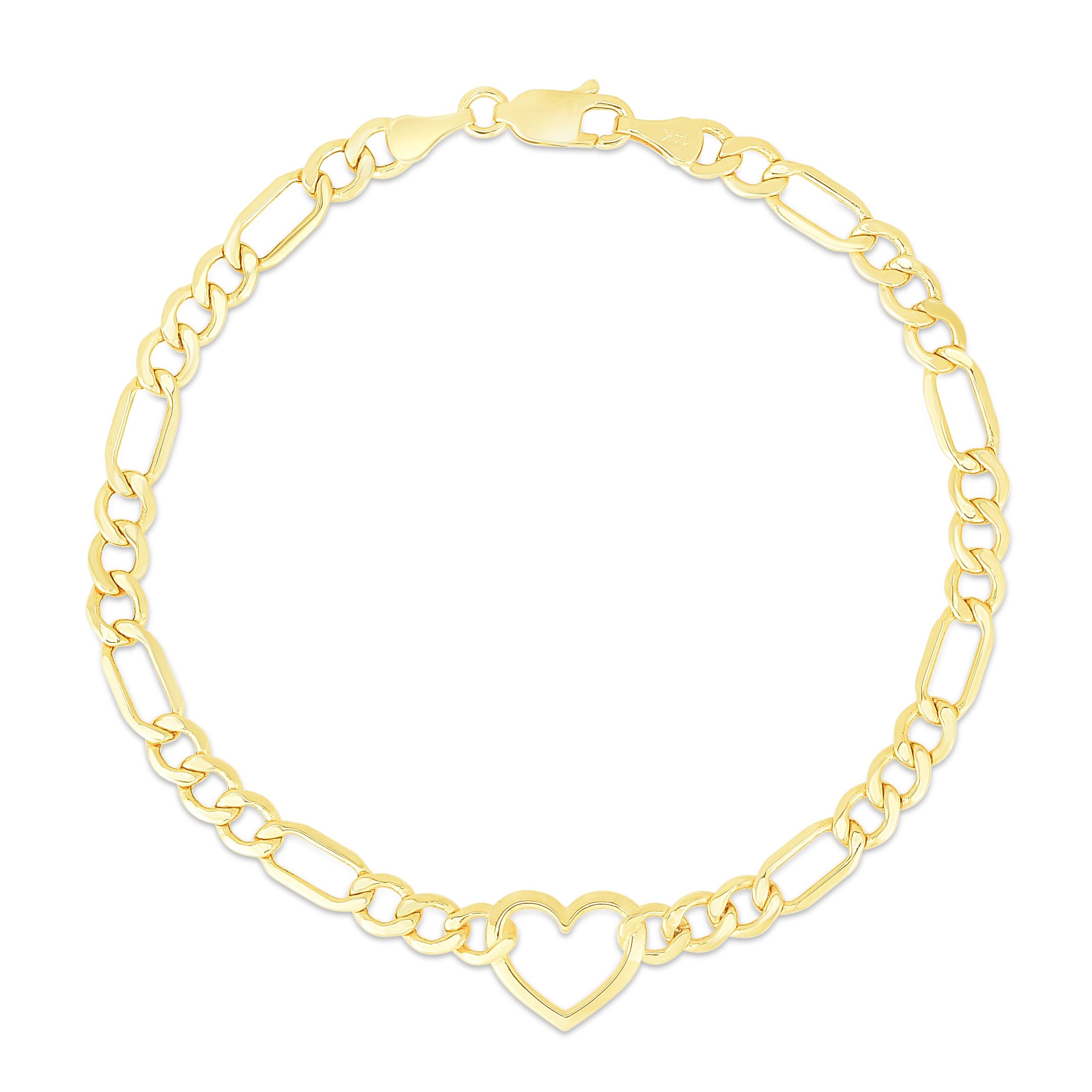 14K Heart Figaro Chain Bracelet