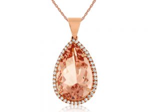 This fine Morganite Pendant features 0.45 ct of Diamond and 14 ct of Morganite. The Pendant is made of 14K Rose Gold