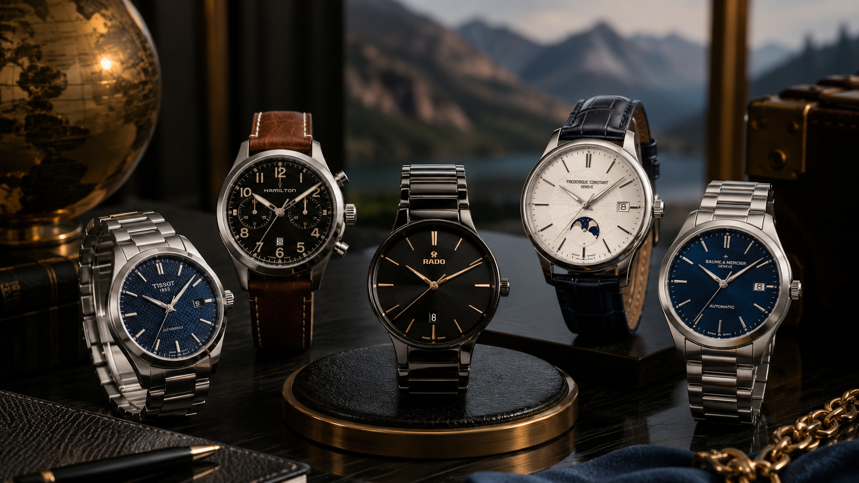 Luxury Swiss watches from Tissot, Hamilton, Rado, Frederique Constant, and Baume & Mercier displayed in an elegant premium setting, showcasing timeless craftsmanship and refined men's watch styles for 2026.