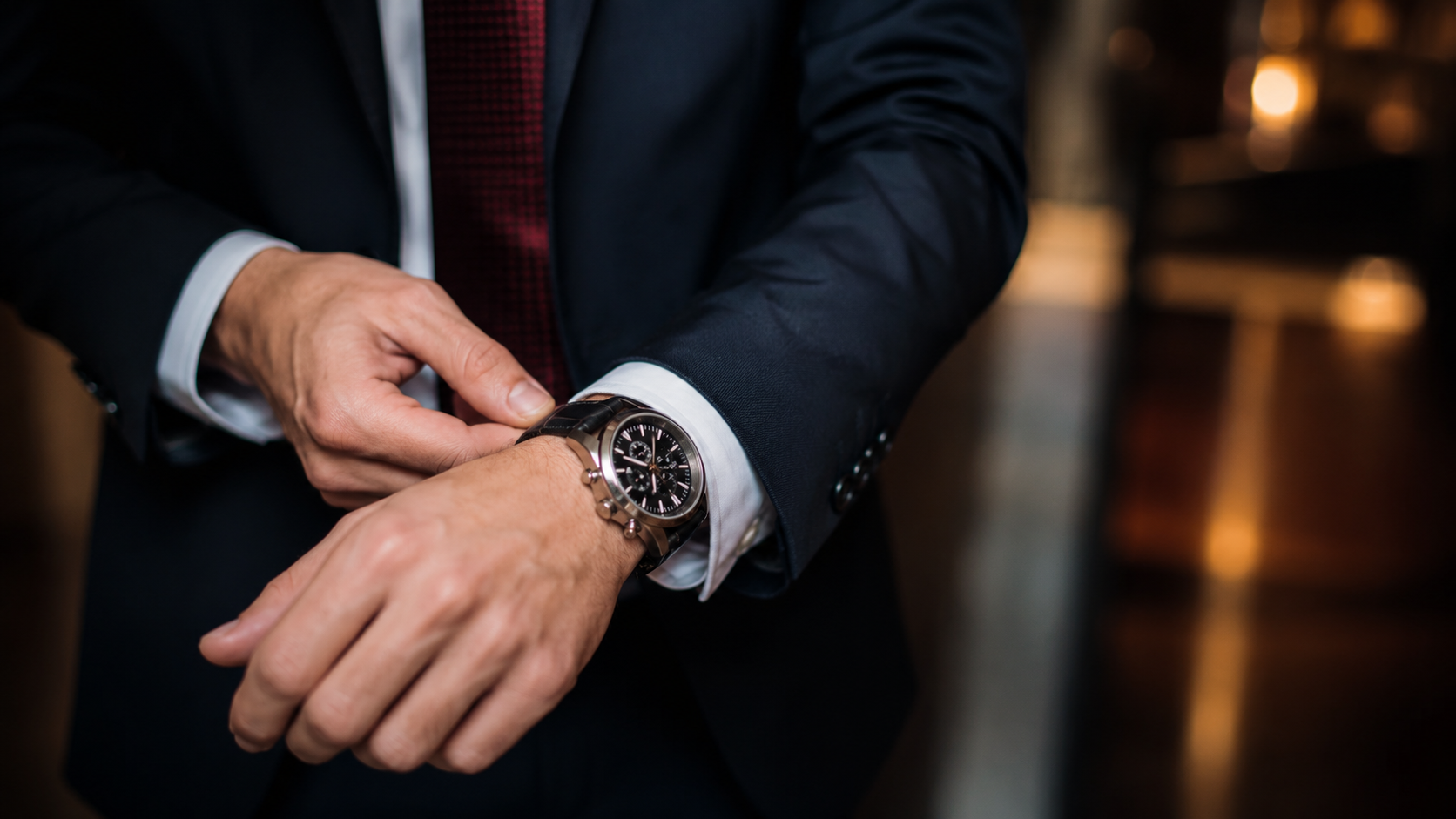Business professional adjusting a luxury wristwatch while wearing a tailored suit, showcasing timeless elegance, premium craftsmanship, and sophisticated style in a refined setting.